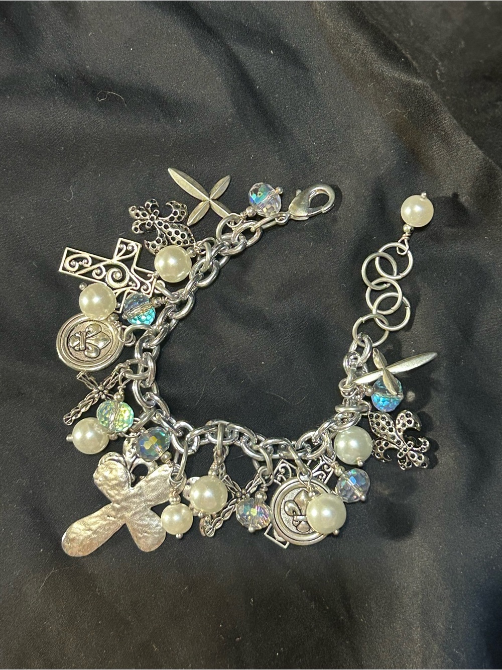 Silver loaded Charm Bracelet with Pearls and Iridescent Beads - Women's Jewelry